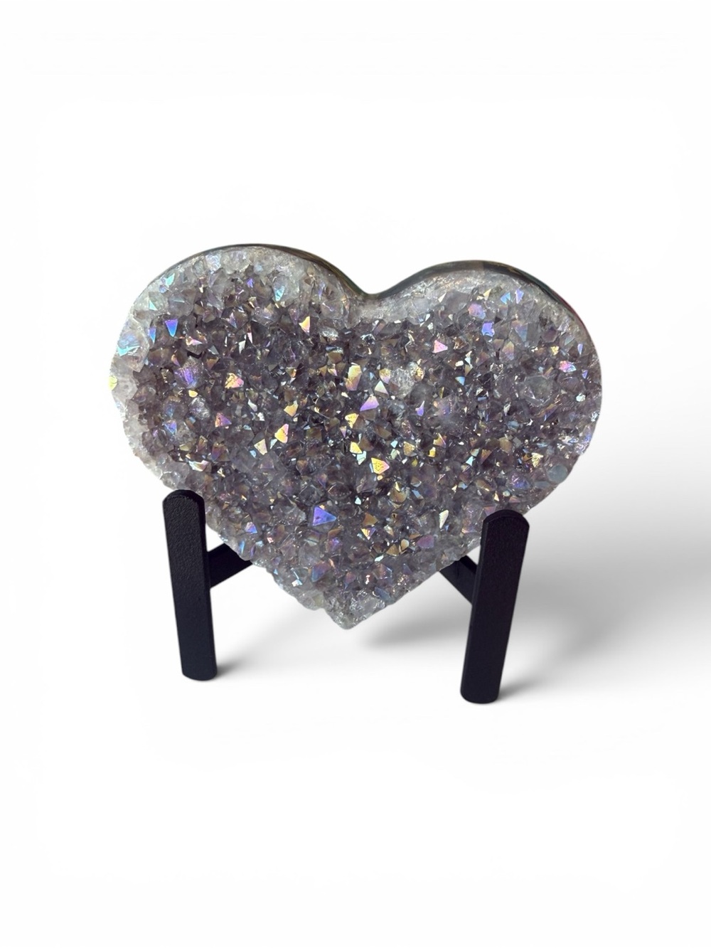 Amethyst Heart Shaped Crystal Druzy Display - Iridescent Silver Titanium Coated